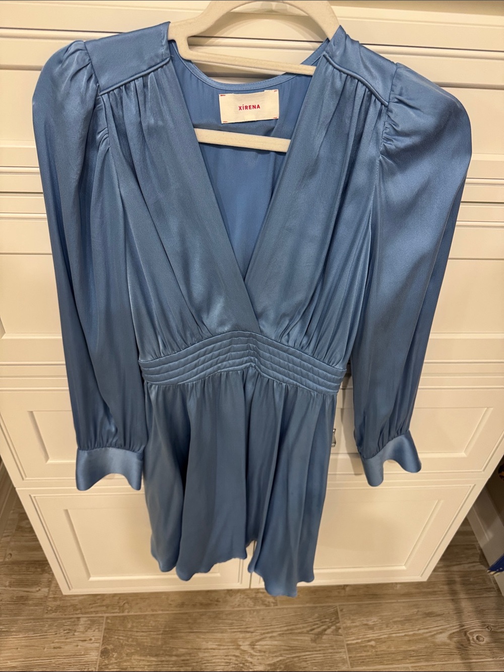XiRENA Silk-Effect V-Neck Mini Dress in Dusty Blue